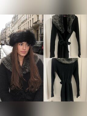 Y2K Black Knit Women's Sweater Coat with Faux Fur Collar Winter/Fall Aesthetic